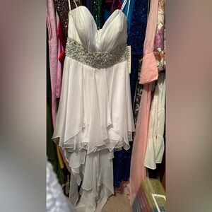 Chic White High Low Dress with Embellished Waist